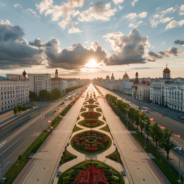 Stadtansicht während der Victory Day Parade beim Sonnenuntergang