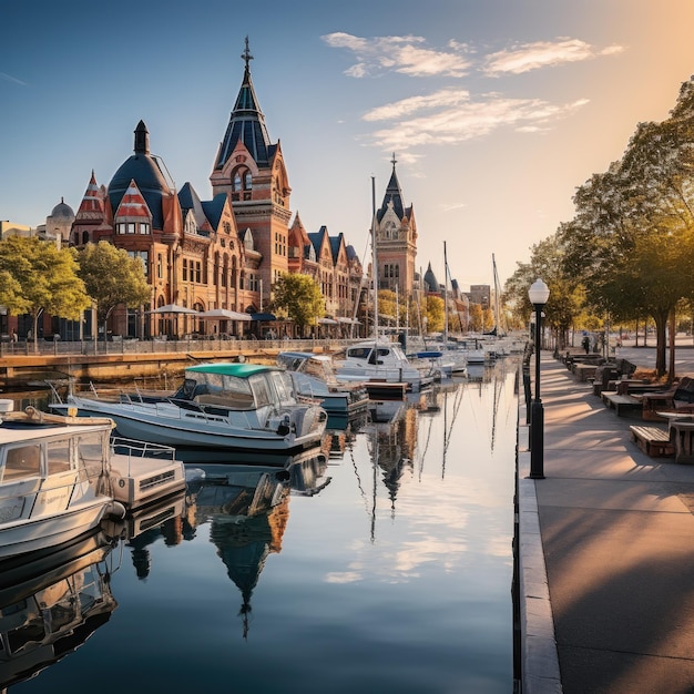 Stadtbild am Wasser mit einer Mischung aus modernen und historischen Gebäuden