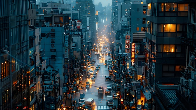 Stadtbild mit beleuchteten Gebäuden, Wolkenkratzern und belebten Straßen in der Nacht