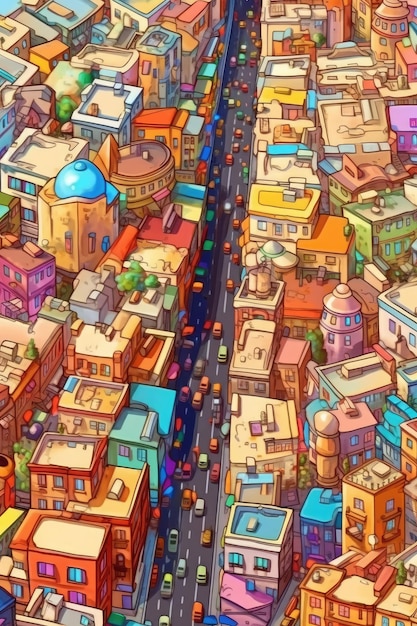 Stadtbild mit farbenfrohen Gebäuden und verwinkelten Straßen. Generative KI