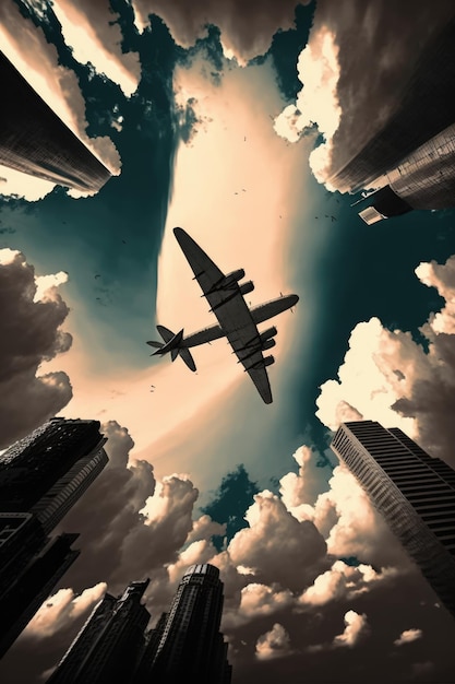 Stadtbild moderner Wolkenkratzer über Flugzeug am Himmel und Wolken mit generativer KI-Technologie