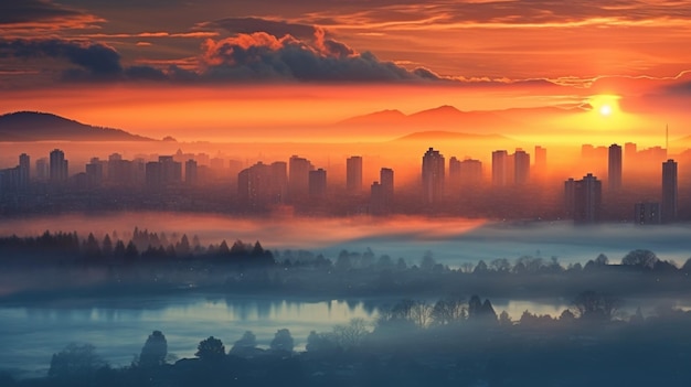 Stadtbild Sonnenaufgang mit Nebel im Hintergrund