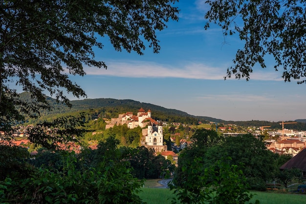 Stadtbild von Aarburg und das mittelalterliche Schloss Aarburg in der Schweiz