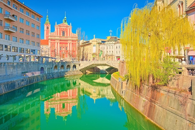 Stadtbild von Ljubljana mit der Dreifachbrücke, der Kathedrale und dem Fluss Ljubljanica, Slowenien