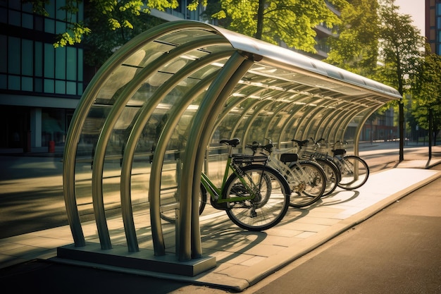 Stadtfahrradparkplatz Neue Fahrradstation Metall Glänzendes modernes Fahrradlager Sicherheitskonzept Leere Straße Fahrradparkplatz Fahrradinfrastruktur Generative KI-Illustration