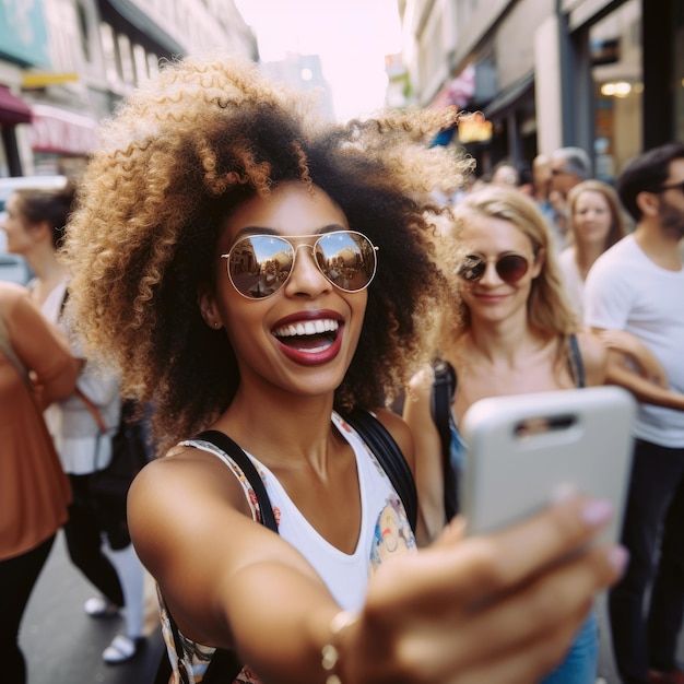 Stadtfrau, die ein öffentliches Selfie macht