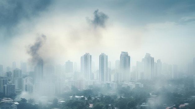 Stadtlandschaft mit giftigem Dunst und PM-25-Smogstaub Gebäude bei schlechtem Wetter Luftverschmutzungskonzept