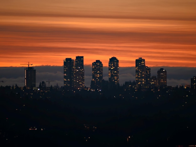 Foto stadtlichter nach sonnenuntergang am dunkleren himmel und kumuluswolken im hintergrund