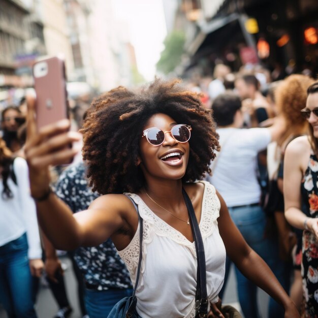 Stadtmädchen macht glücklich ein öffentliches Selfie