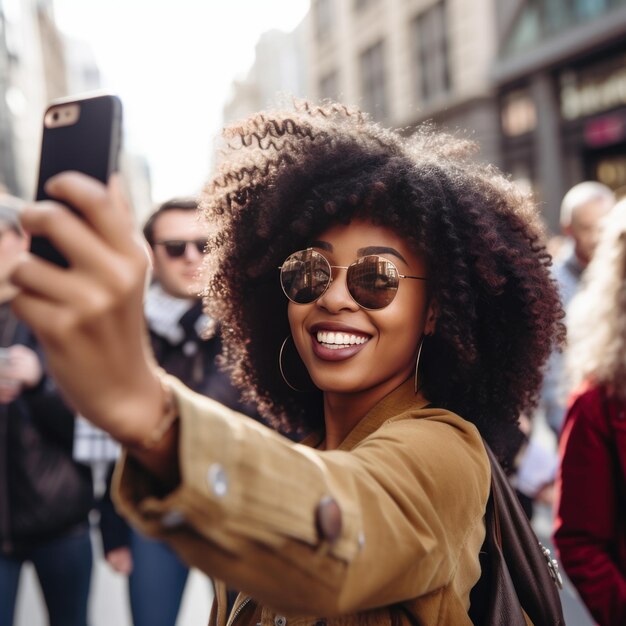 Stadtmädchen macht glücklich ein öffentliches Selfie