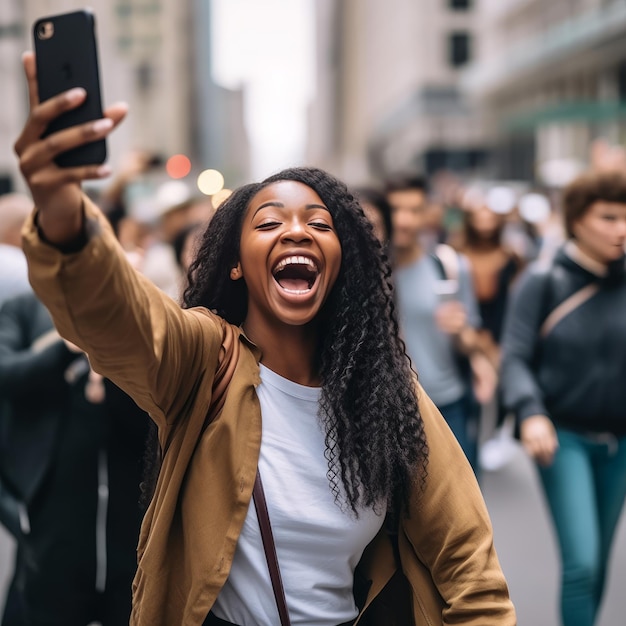 Stadtmädchen macht glücklich ein öffentliches Selfie