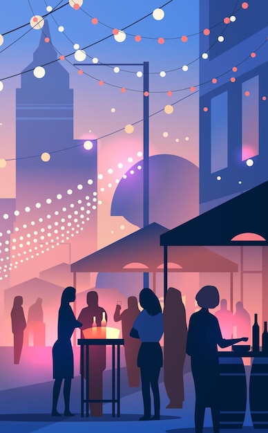 Stadtnacht im Freien Party Leute Silhouetten festliche Lichter moderne städtische Szene Abendfeier