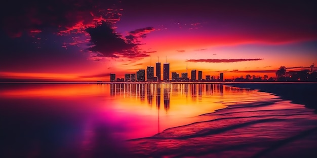 stadtpanorama bei rosa orange abend sonnenuntergang am meer großer dummkopf mondmittelalterliche und moderne häuser