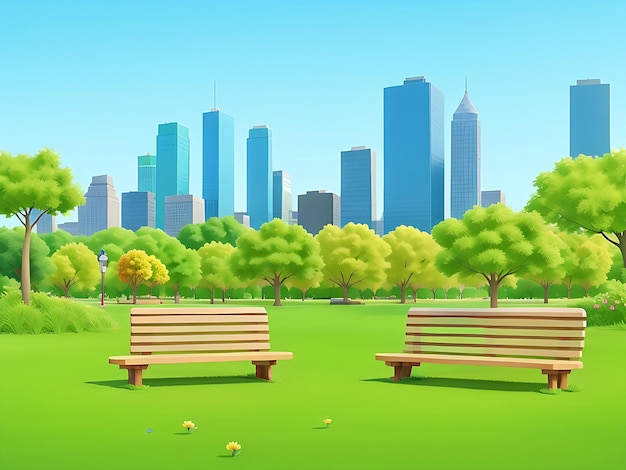 Foto stadtpark mit hölzernen picknicktischen und bänken, grünen bäumen, blühendem gras und stadtgebäuden