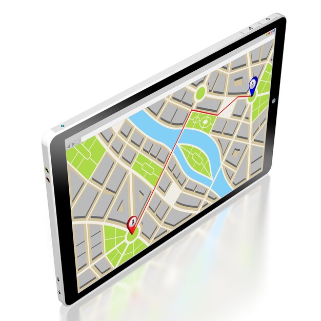 Stadtplan mit Marktroute durch zwei Stifte auf einer 3D-Darstellung des Tablets