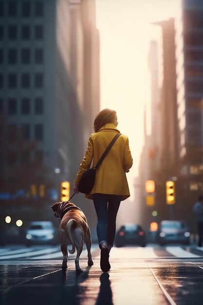 Stadtspaziergang mit Hundebegleitung Eine Frau und ihr Hund inmitten von Wolkenkratzern bei Sonnenuntergang