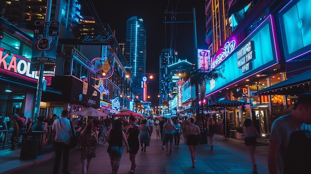 Stadtstraße in der Nacht mit Menschen, die auf dem Bürgersteig durch beleuchtete Gebäude mit Neonlichtern und Schildern laufen