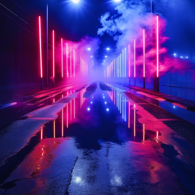 Stadtstraße mit farbenfrohen Neonlichtern, die sich nachts vom nassen Bürgersteig reflektieren