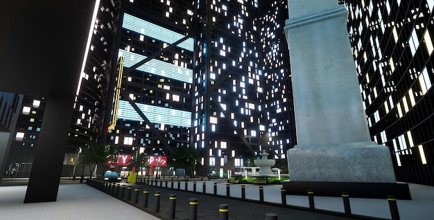 Stadtzentrum mit Wolkenkratzern und Bürogebäuden, flackernde Lichter der Metropole. Moderner Innenstadtbereich mit Türmen und Fahrzeugen auf der Straße, hohe Designarchitektur. 3D-Renderanimation.