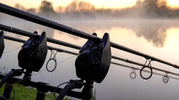 Foto stäbe mit bissindikatoren und rollen, die auf einer stäbchenkapsel auf dem hintergrund eines sees oder flusses morgens aufgestellt sind