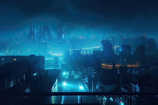 Städte der Zukunft Eine leuchtende blaue Cyberpunk-Stadtlandschaft Generative KI