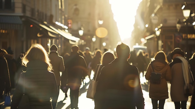 Städtische Lebensszene mit einer anonymen Menschenmenge, die auf einer belebten französischen Straße spazieren geht Generative KI