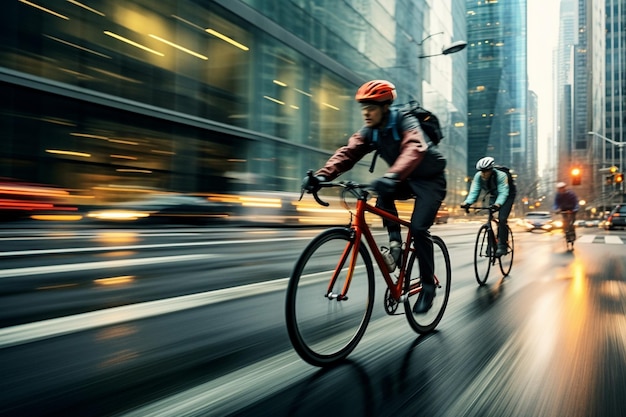 Städtische Radfahrer fahren vorbei an Wolkenkratzern, um Bewegung zu genießen