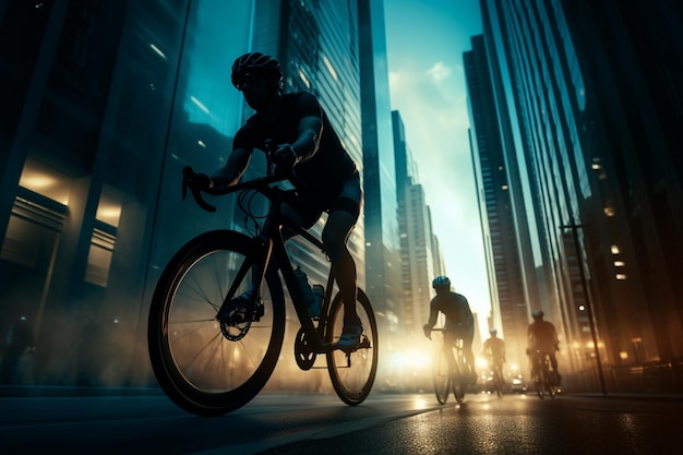 Städtische Radfahrer fahren vorbei an Wolkenkratzern, um Bewegung zu genießen