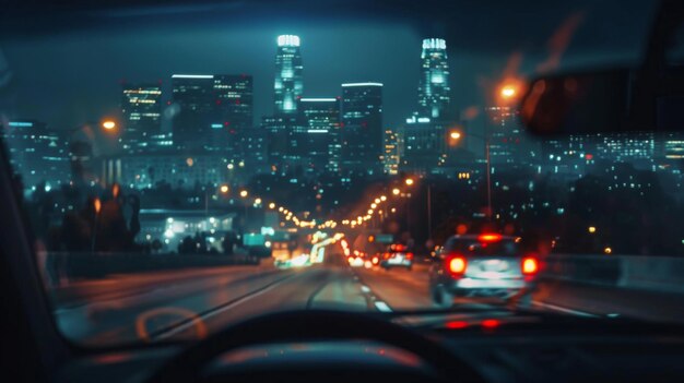 Städtische Skyline, die durch die Windschutzscheibe eines Autos gesehen wird, das entlang einer belebten Nachtstraße fährt