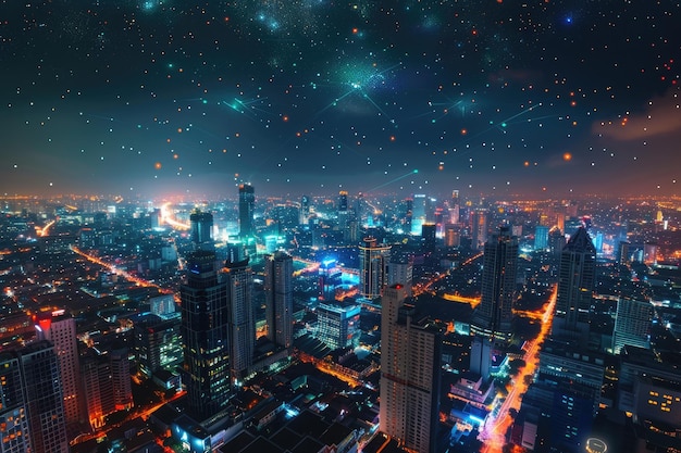 Städtische Skyline mit intelligenten Dienstleistungsnetzen und erweiterter Realität