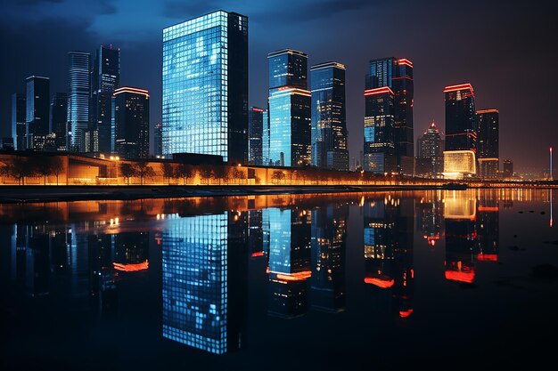 Foto städtische strahlungsfotografie von beleuchteten gebäuden, die im wasser reflektieren