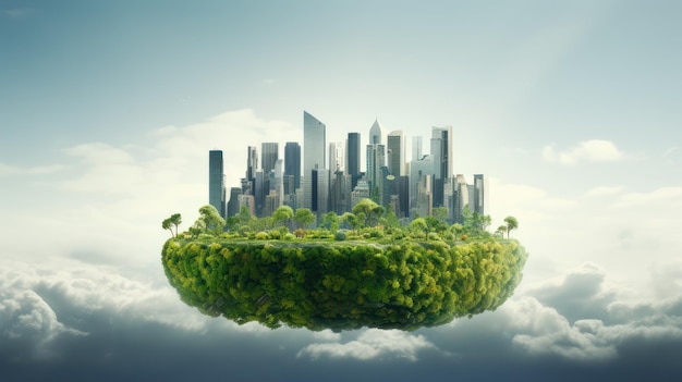 Städtische Wolkenkratzer schweben über der Insel mit dem Thema "Go Green Earth Day"