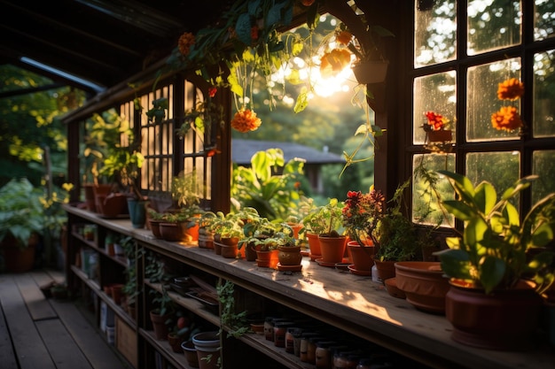 Städtischer Balkon voller frischer Kräuter und Gemüse in der Abenddämmerung, generativ IA