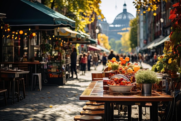 Städtischer Handel: Obststände, Vintage-Läden und Personen, die durch die Stadt fahren.