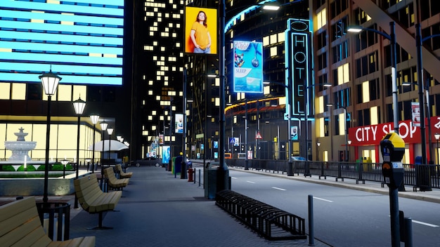 Städtisches Stadtzentrum bei Nacht mit Autos, die an Wolkenkratzern vorbeifahren. Leere Großstadt mit durch Außenwerbung und Laternenpfähle beleuchteten Straßen, 3D-Renderanimation