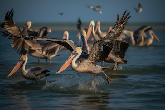 Stämme von braunen Pelikanen, die nach fischpflanzenden IA tauchen