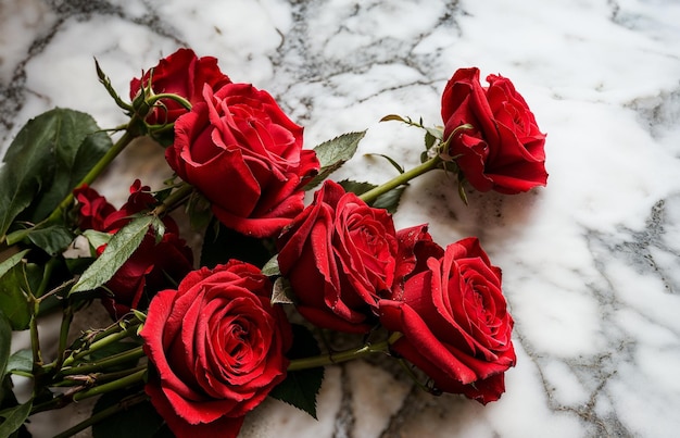 Stängel von roten Rosen auf einer weißen Marmoroberfläche