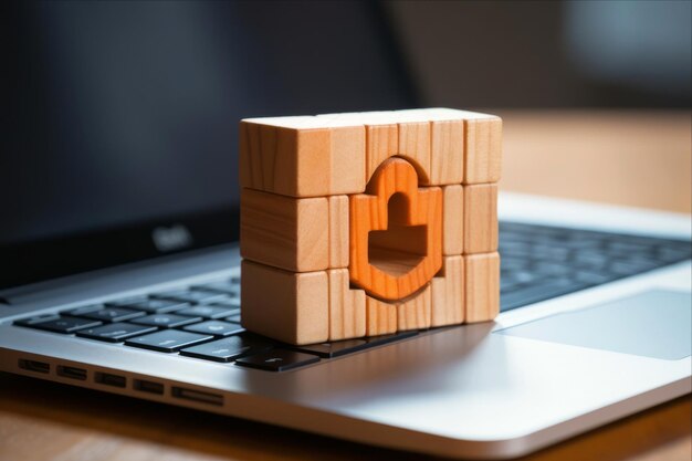 Foto stärkung der cybersicherheit das symbolische holzblock-symbol auf der laptop-tastatur
