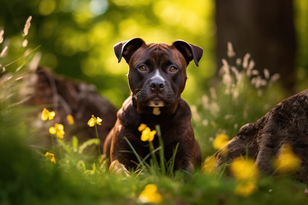 staffordshire bull terrier entre flores