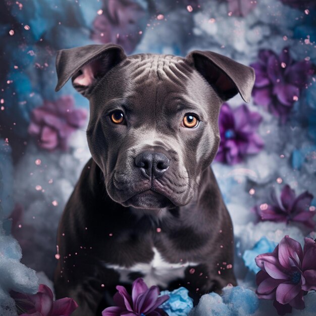 Staffy nariz azul con flores y nieve