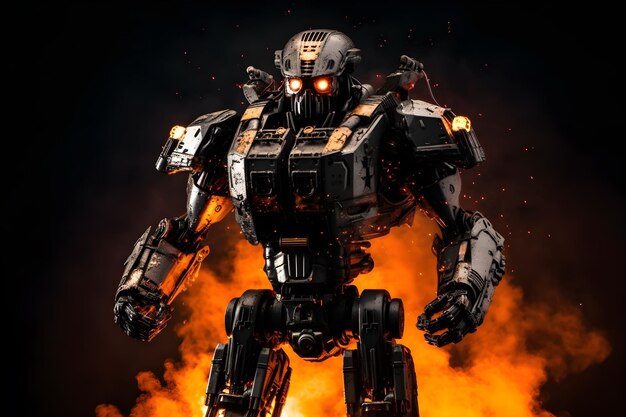 Stahl Krieger Armee Roboter auf dem Hintergrund von feurigen Explosionen generative ai