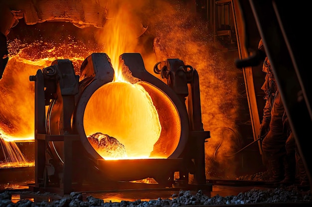 Stahlhersteller rühren geschmolzenes Metall in Öfen in der Gießereiindustrie