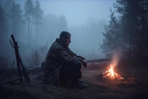 Stalker senta-se perto do fogo à noite AI Generated