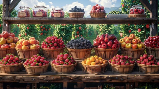 Foto stalls de mercado de agricultores cheios de conservas caseiras e produtos recém-cozidos fotorrealista hd