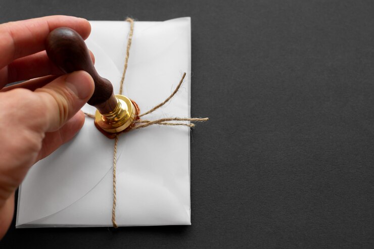 Foto stamper da cera do notário. envelope branco com selo de cera marrom, carimbo de ouro. natureza morta com acessórios postais. copie o espaço.