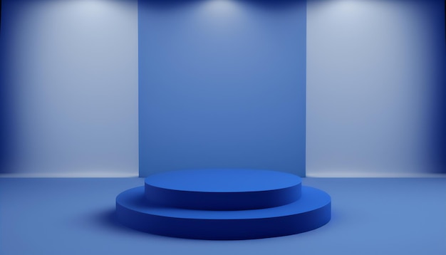 Foto stand azul para exhibir productos