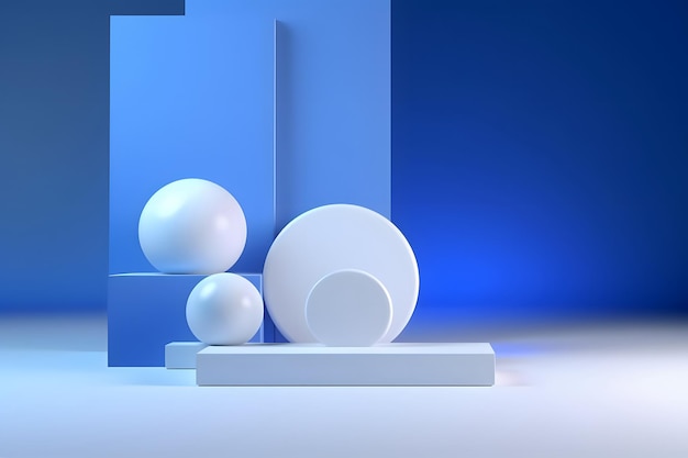 Stand de cabine de espaço circular minimalista com fundo azul em renderização 3D