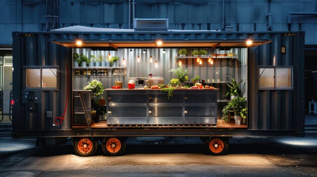 Foto stand de comida ao ar livre com plantas e legumes frescos à noite