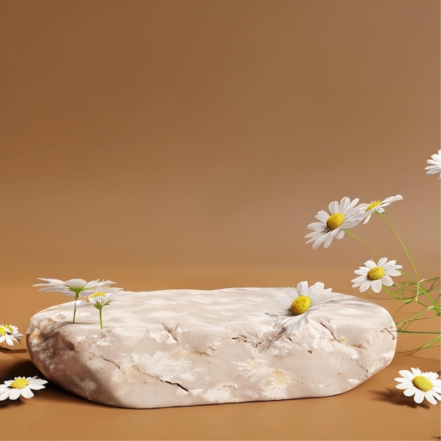 Stand de exposición de cosméticos de podio de piedra con flores de manzanilla en fondo de color café renderización 3D