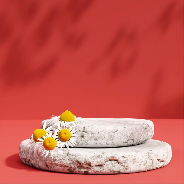 Stand de exposición de cosméticos de podio de piedra con flores de manzanilla en fondo rojo renderización 3D